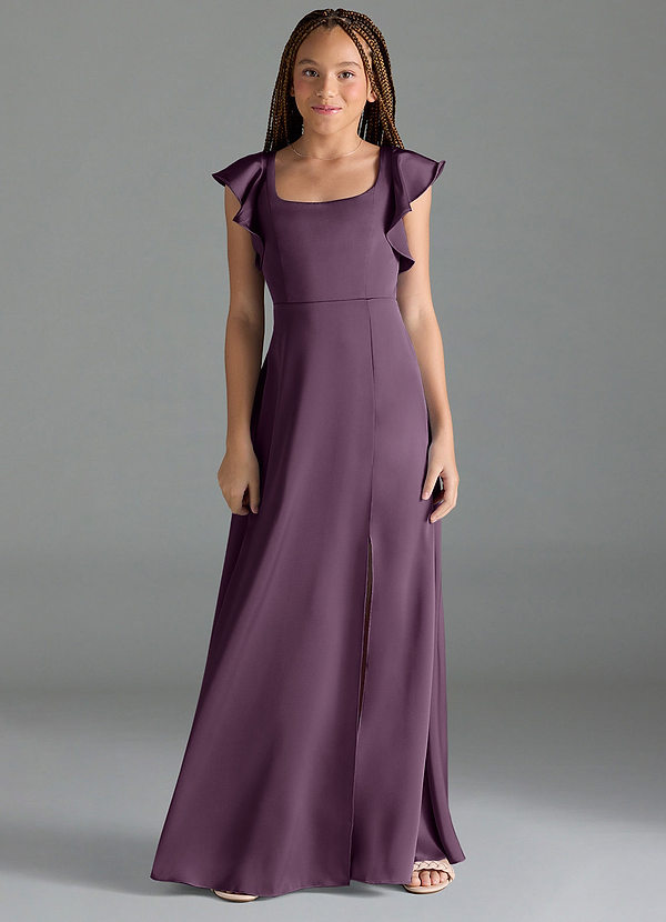 Azazie Bondi Junior Plum A-Line Side Slit Stretch Satin Dress image1
