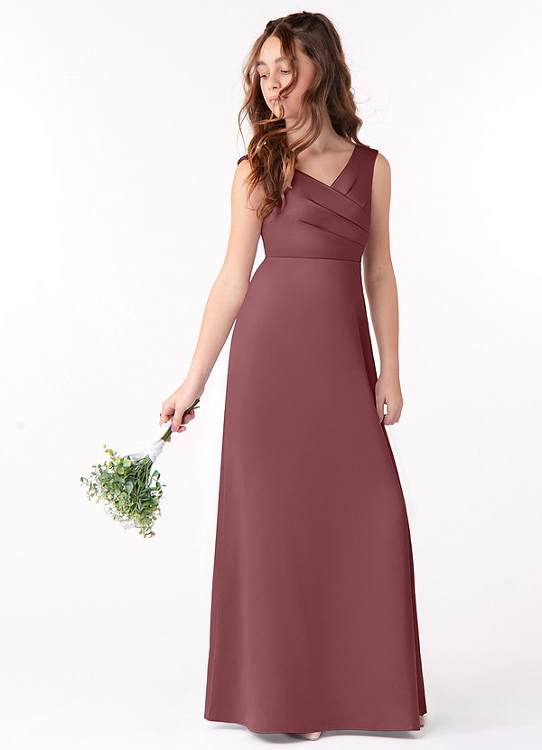 Azazie Sadia Vestido de Rosa Del Desierto de Satin Mate de Acampanado con Plisado image1