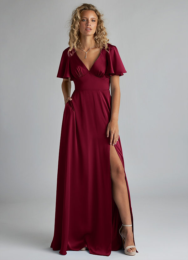 Azazie Kimber Bridesmaid Dresses Burgundy A-Line Ruched Stretch Satin Dress image1