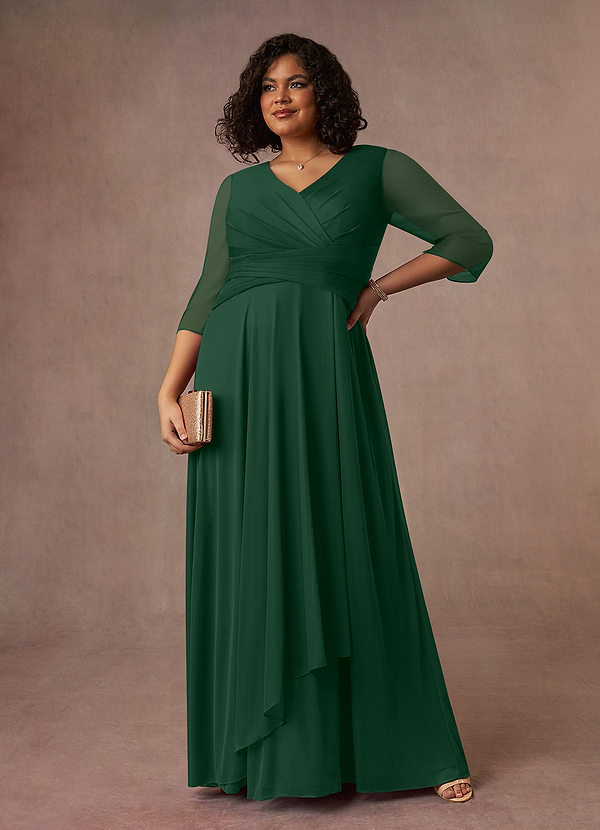 Azazie Annetta Robe Mère de la Mariée & du Marié Robe Trapèze en Maille Col en V à manches longues Vert Foncé image1