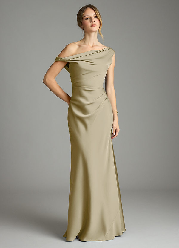 Azazie Emerson Bridesmaid Dresses Moss Green Mermaid Off the Shoulder Stretch Satin Dress image1