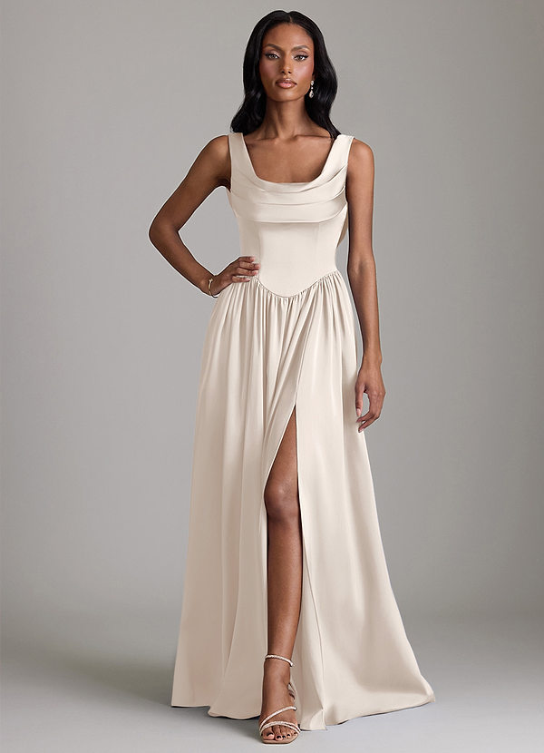 Novi Vestidos de dama de honor Vestido Alabastro Blanco de Satén Elástico de Línea A con con bolsillos image1