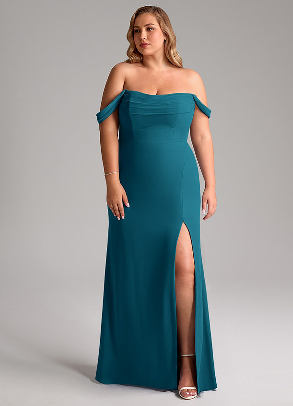 Azazie Saige Bridesmaid Dresses Ink Blue A-Line Off the Shoulder Chiffon Convertible Dress image1