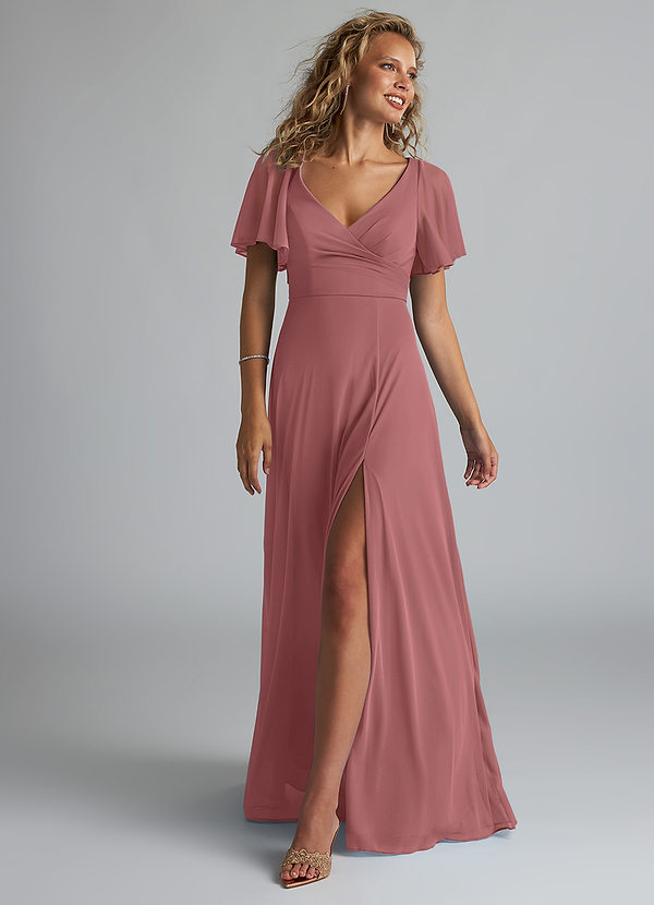 Azazie Induh Bridesmaid Dresses Desert Rose A-Line Flutter V-neck Mesh Dress image1