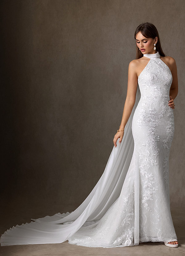 Azazie Kaiyana Brautkleider Etui Hoher Kragen Spitze Kleid Diamantweiß image1