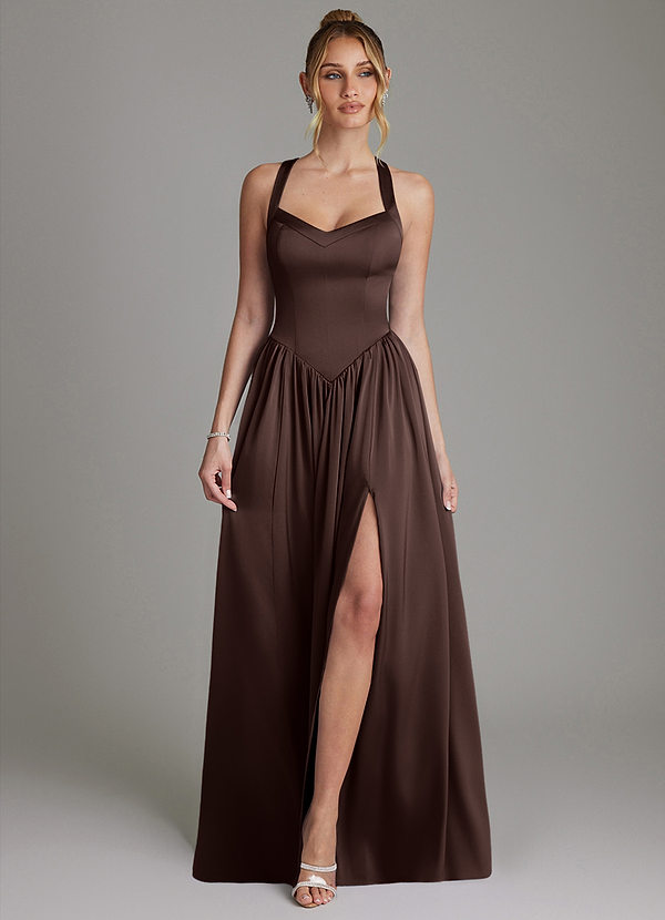 Azazie Francis Brautjungfernkleider A-Linie Korsett Stretch-Satin Kleid Ganache image1