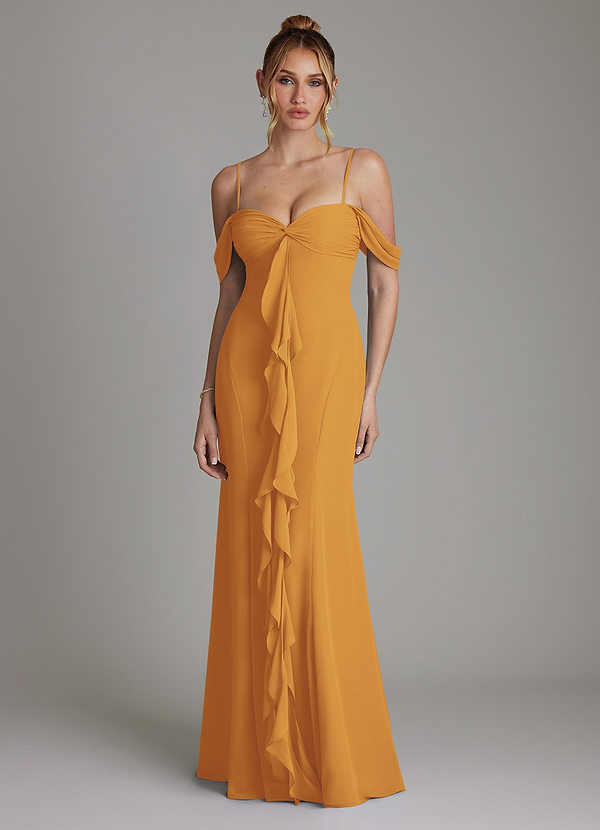 Azazie Karmela Bridesmaid Dresses Butterscotch A-Line Off the Shoulder Chiffon Dress image1
