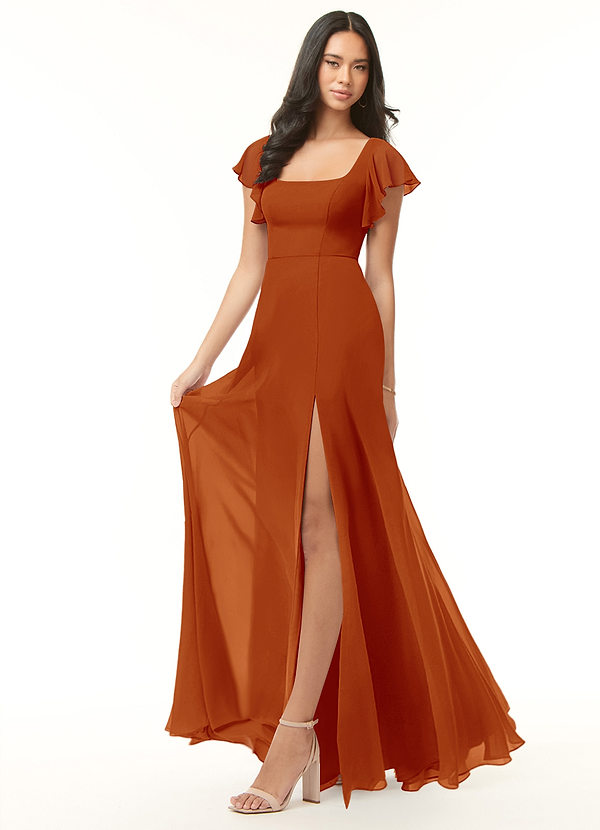 Azazie Bondi Bridesmaid Dresses Paprika A-Line Ruffled Chiffon Dress image1