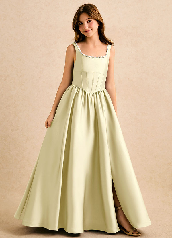 Azazie Enid Girls Formal Flower Girl Dresses Vestido Sorvete De Limão de Cetim elástico de Linha A com Frisado image1