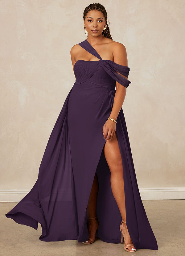 Christian Siriano Bridal for Azazie 1014 Robes Demoiselle d'honneur Robe Trapèze en Mousseline de soie Épaule décolletée Prune image1
