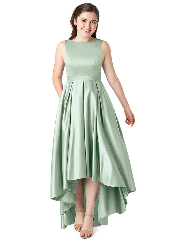 Azazie Inaya Junior Robe Trapèze en Satin extensible avec ceinture Agave image1