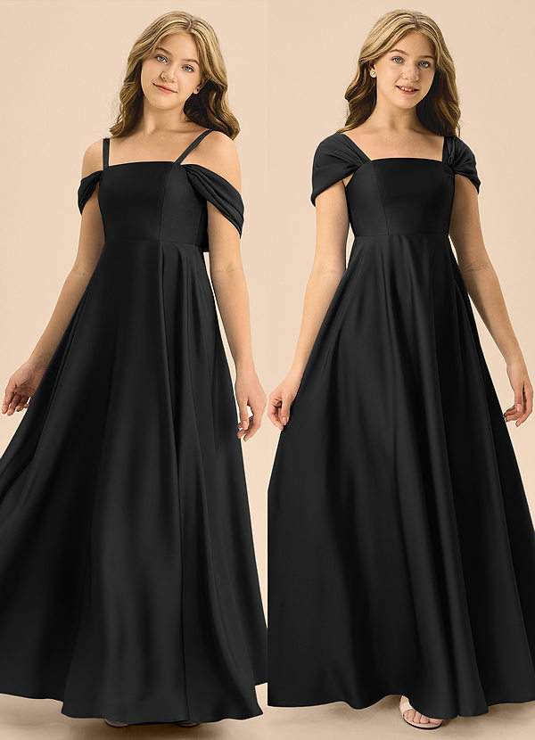 Azazie Rowena Junior Vestido de Negro de Satén Elástico de Corte en A con Lazo image1