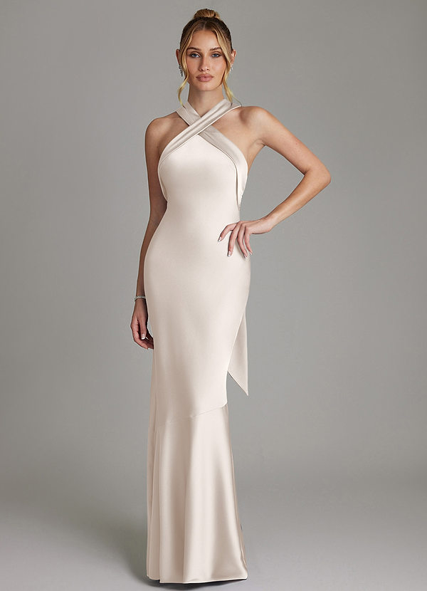 Azazie Reign Bridesmaid Dresses White Alabaster Mermaid Pleated Stretch Satin Dress image1