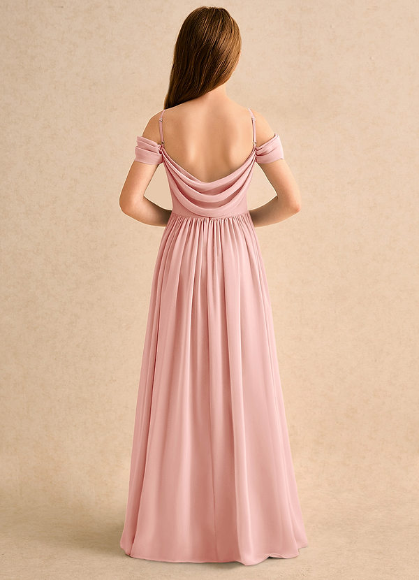 Azazie Shia Girls Formal Robes de cortège enfant Robe Trapèze en Mousseline de soie Épaules dénudées Rosette image1