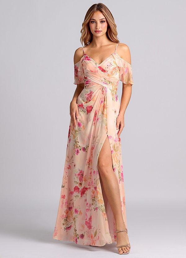 Azazie Dakota Bridesmaid Dresses Abstract Bouquet Floral A-Line V-Neck Pleated Chiffon Dress image1