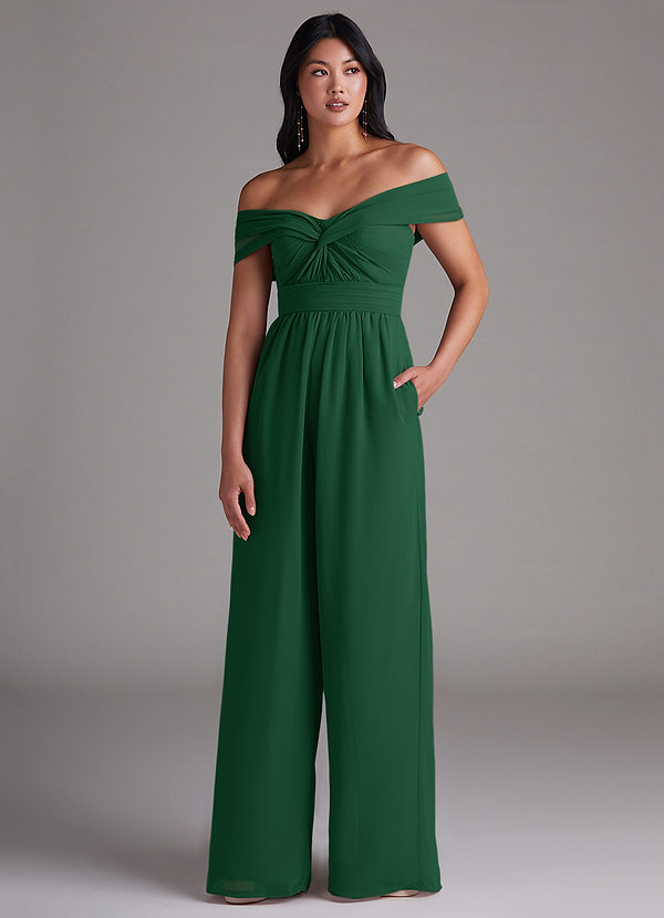 Azazie Lamara Bridesmaid Dresses Dark Green Off the Shoulder Chiffon Convertible Jumpsuit image1