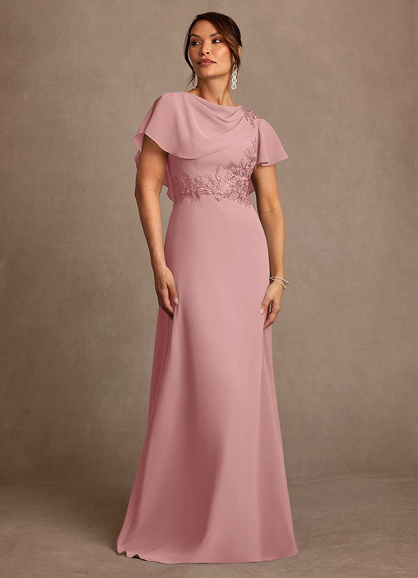 Azazie Frieda Vestidos para la madre de la novia Vestido Rosa Polvorienta de Gasa de Corte en A con Aplique image1