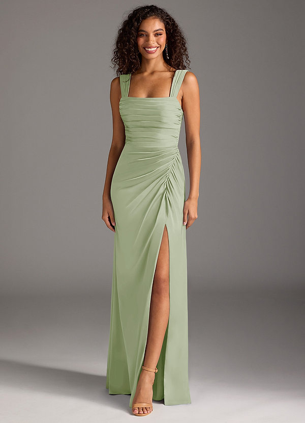 Azazie Jesaphine Bridesmaid Dresses Dusty Sage Sheath Bow Stretch Satin Dress image1