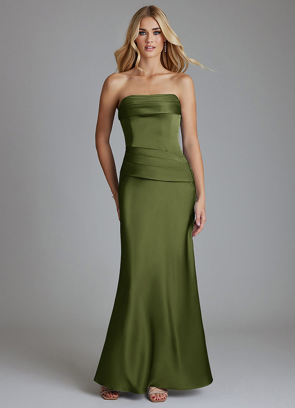Azazie Lenya Bridesmaid Dresses Olive Sheath Pleated Stretch Satin Dress image1
