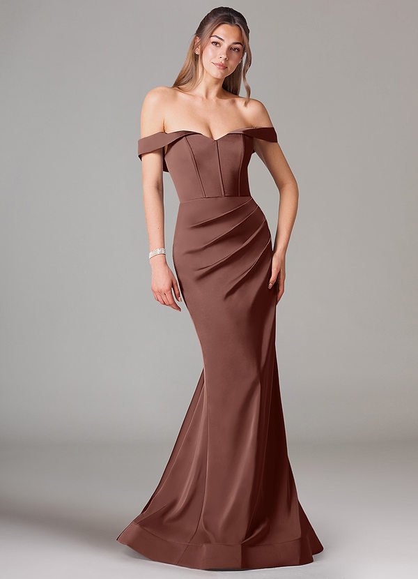 Azazie Everly Bridesmaid Dresses Espresso Mermaid Off the Shoulder Stretch Satin Convertible Dress image1