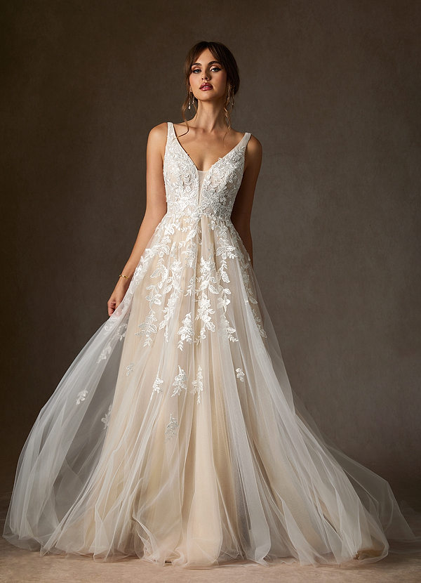 Azazie Sorella Brautkleider A-Linie V-Hals Pailletten Tüll Kleid Diamantweiß Champagner image1