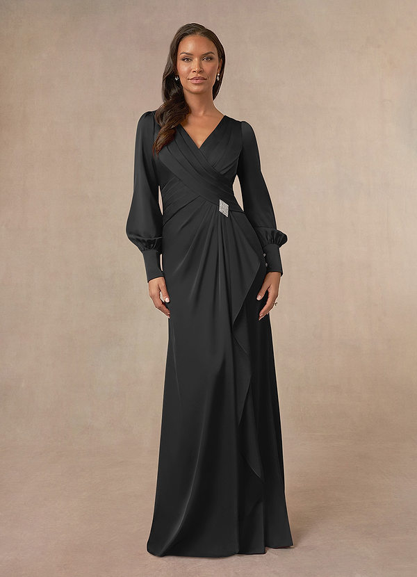 Azazie Petrina Mother of the Brides Dresses Black Mermaid Pleated Stretch Satin Dress image1