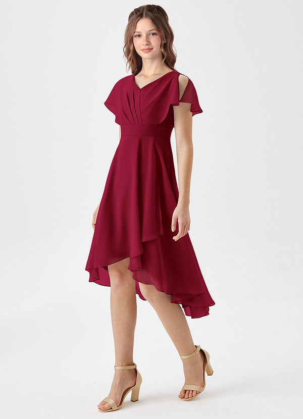 Azazie Graciela Junior Burgundy A-Line Pleated Chiffon Dress image1