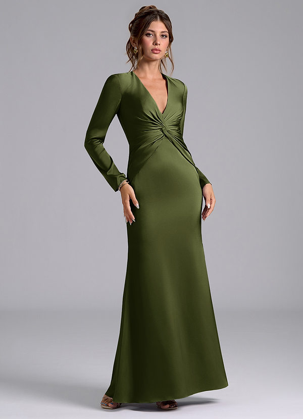 Azazie Tria Bridesmaid Dresses Olive Mermaid Long Sleeve Stretch Satin Dress image1