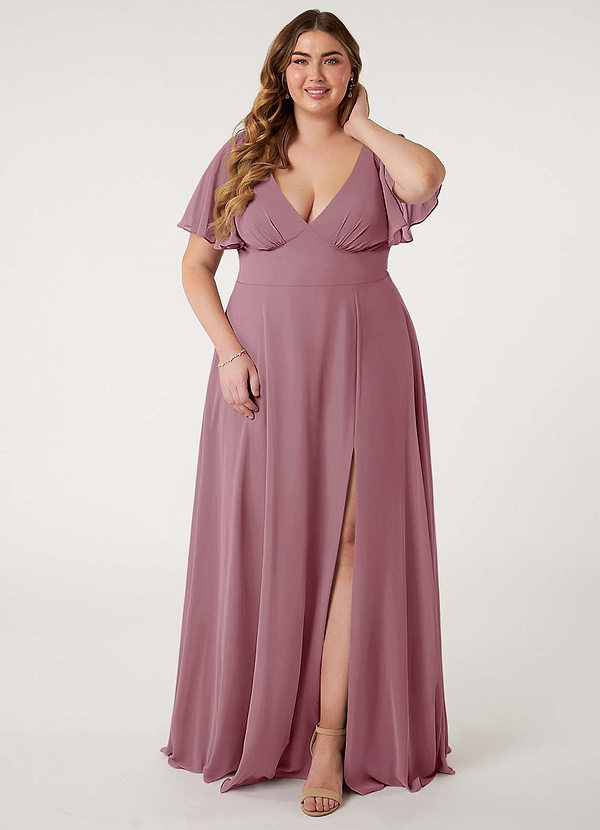 Azazie Kimber Bridesmaid Dresses Vintage Mauve A-Line Flounce Sleeve Chiffon Dress image1