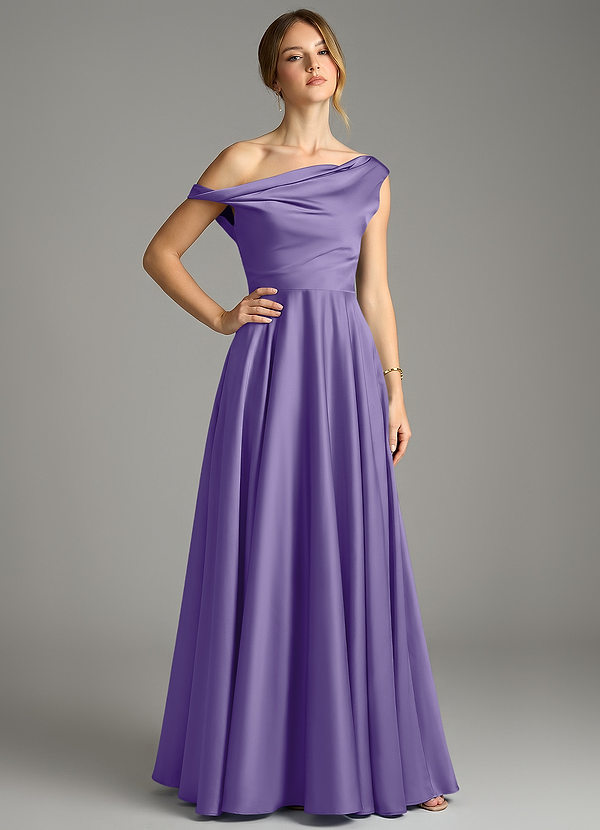 Azazie Xanthe Bridesmaid Dresses Tahiti A-Line Off the Shoulder Stretch Satin Dress image1