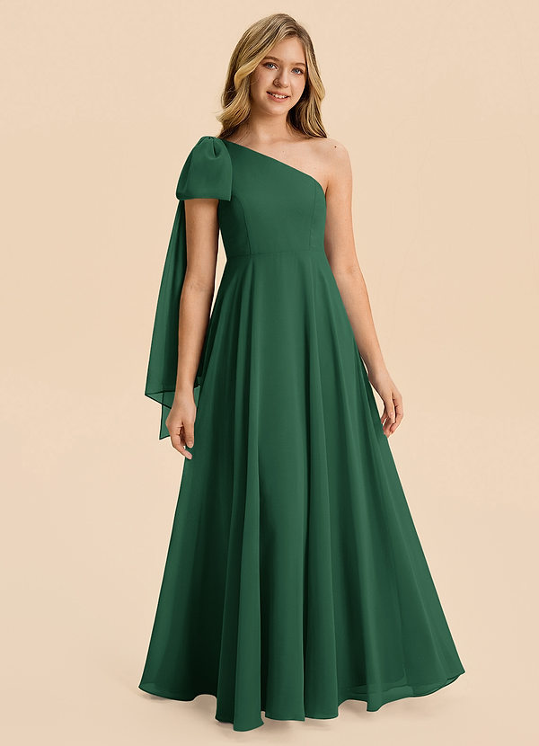 Azazie Averie Junior Vestido de Verde Oscuro de Gasa de Corte en A con Plisado image1