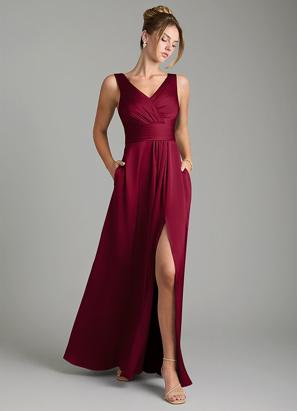 Azazie Karina Bridesmaid Dresses Burgundy A-Line Pleated Stretch Satin Dress image1