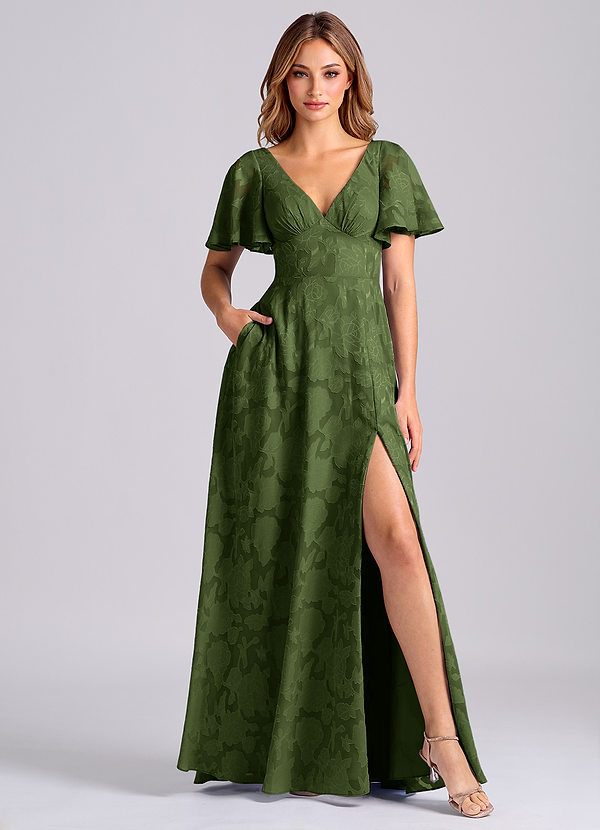 Azazie Kimber Bridesmaid Dresses Olive A-Line with Pockets Floral Burnout Dress image1