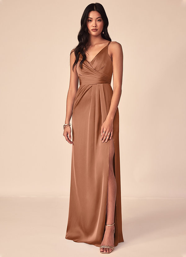 Azazie Aqua Bruidsmeisjes Jurken Jurk van Stretch Satijn met A-Lijn V-hals geplooid Bronzeertint image1