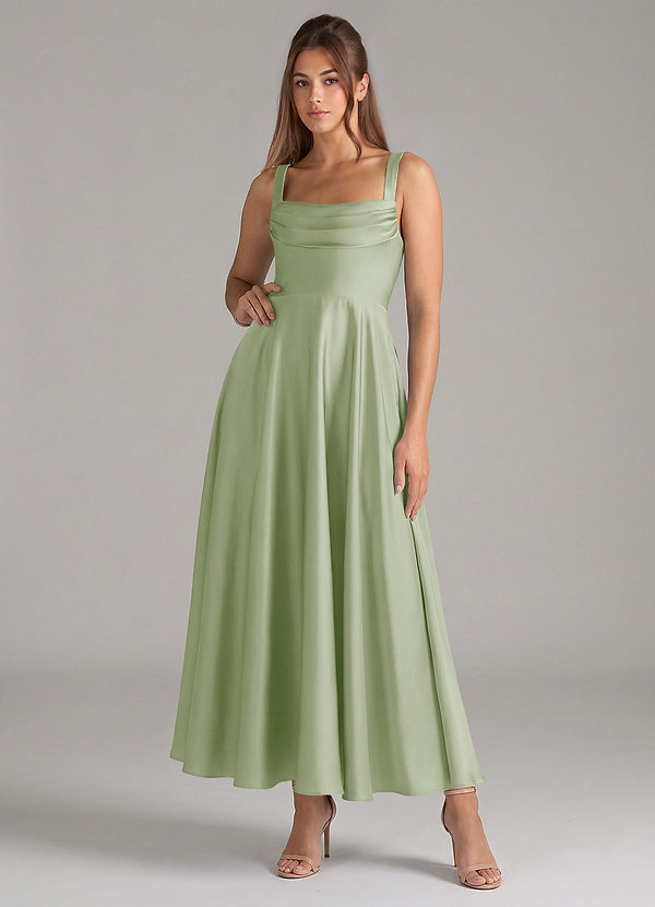 Azazie Shaude Robes Demoiselle d'honneur Robe Trapèze en Satin extensible Plissée Vert Sauge image1