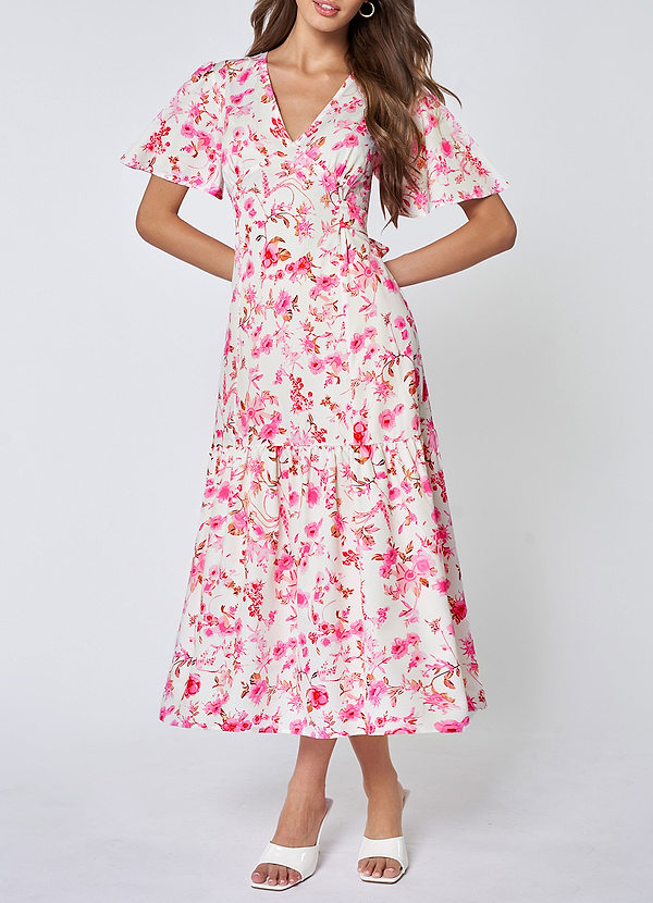 front Lodi Pink Floral Print V-Neck Short Sleeve Midi Dress