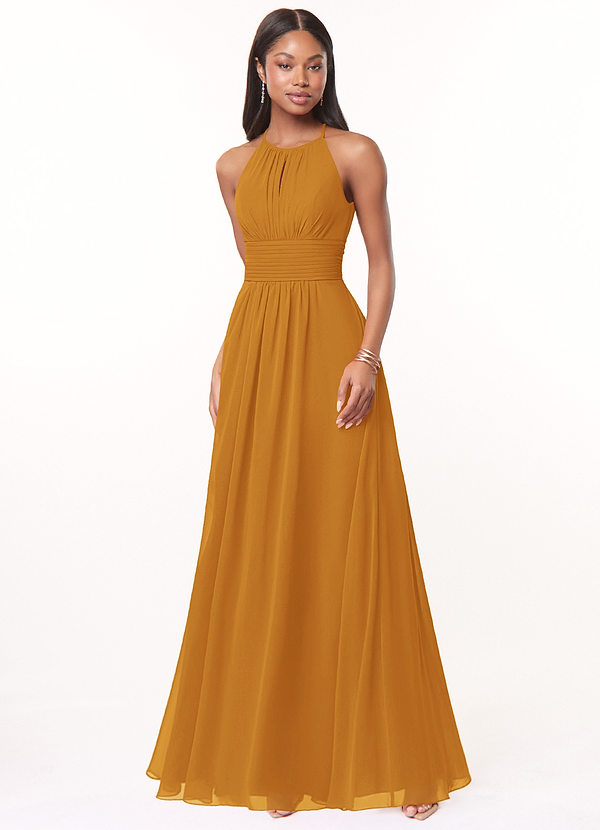 Azazie Bonnie Bridesmaid Dresses Butterscotch Flowy Keyhole Ruched Chiffon Dress image1