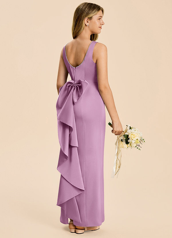 Azazie Emi Junior Wisteria Sheath Bow Stretch Satin Dress image1