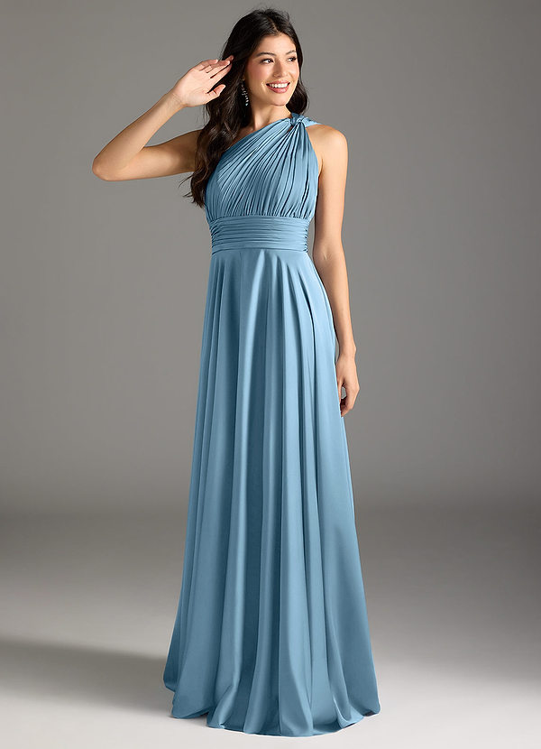 Azazie Charlize Bridesmaid Dresses Steel Blue A-Line One Shoulder Stretch Satin Dress image1