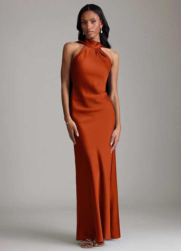 Azazie Cassiana Bruidsmeisjes Jurken Jurk van Stretch Satijn met Zeemeermin Geplooid Paprika image1