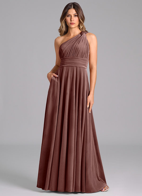 Azazie Charlize Robes Demoiselle d'honneur Robe Trapèze en velours Ue épaule Expresso image1