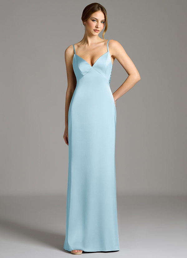 Azazie Adriane 신부 들러리 드레스 쉬스 절하다 스트레치 새틴 바닥 길이 드레스 image1