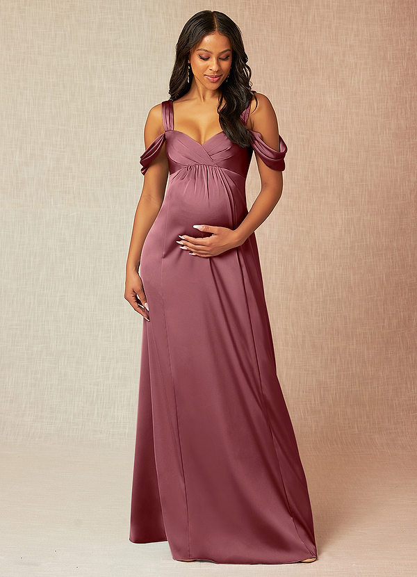 Azazie Rhea Maternity Bridesmaid Dresses A-Line Off-The-Shouler Pleated Stretch Satin Floor-Length Dress image1