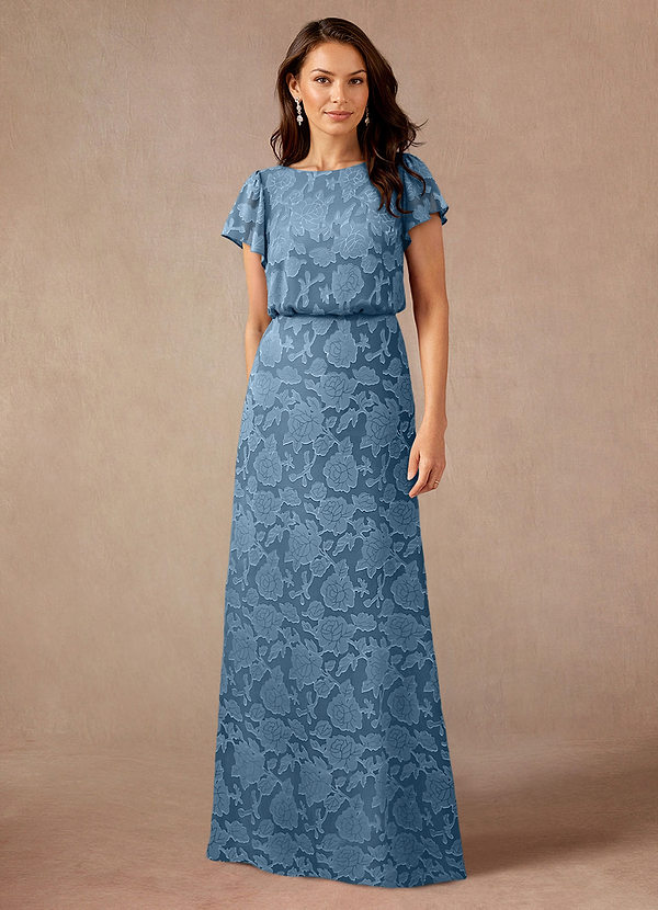 Azazie Lehi Vestidos de Madre de la Novia Vestido de Azul Acero de Devorado Floral de Corte En A con Cuello de barco image1