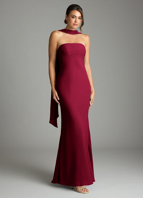 Azazie Saylor Vestidos de dama de honor Vestido Borgoña de Gasa de Corte Sirena con Palabra de honor image1
