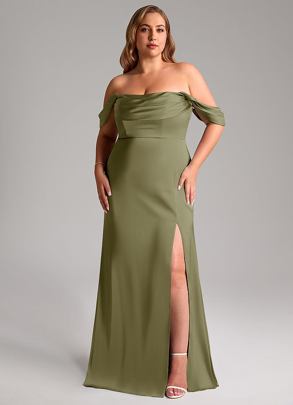 Azazie Saige Robes Demoiselle d'honneur Robe Fourreau en Satin extensible Épaule décolletée Pistache image1