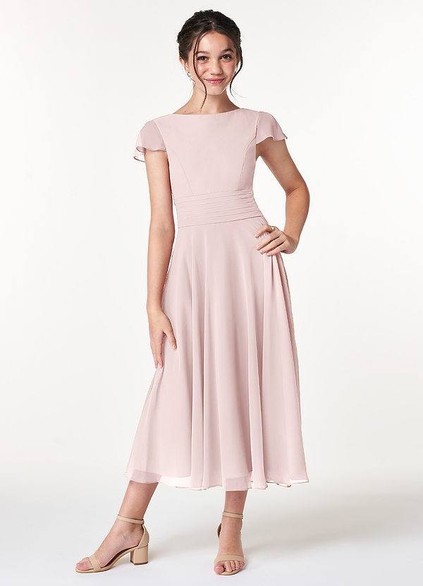 Azazie Payton Junior Blushing Pink A-Line Bow Chiffon Dress image1
