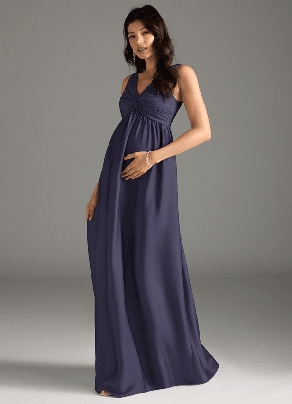 Azazie Yetta Vestidos de dama de honor de maternidad Vestido de Corte En A Plisado Hasta el suelo Satén Elástico image1