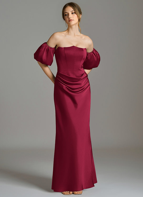 Azazie Kacey Bruidsmeisjes Jurken Jurk van Stretch Satijn met Zeemeermin Off the Shoulder Bourgondië image1