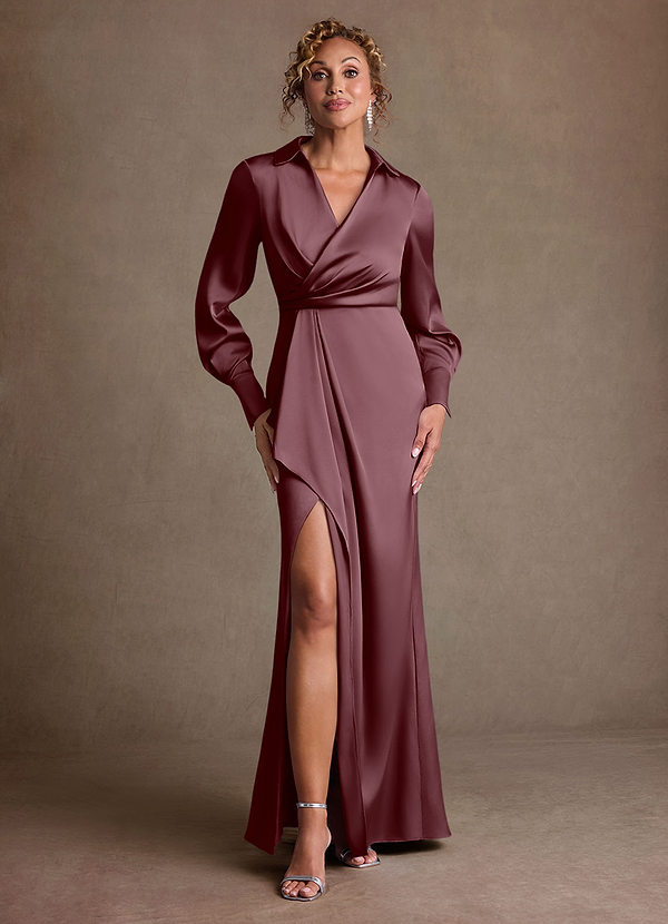 Azazie Jacinta Robe Mère de la Mariée & du Marié Robe Fourreau en Satin extensible Plissée Sangria image1